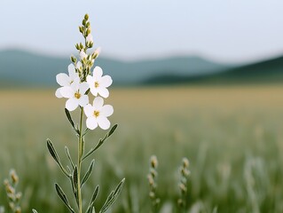 Delicate white flower blooms in lush green meadow under soft blue sky nature photography peaceful landscape