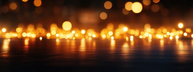 Wall Mural - blurred warm bokeh lights on a dark background with reflective surface and ample copy space for text