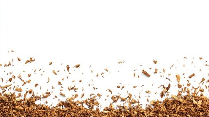 Wall Mural - brown wood shavings on white background with scattered pieces and empty space for text copy space