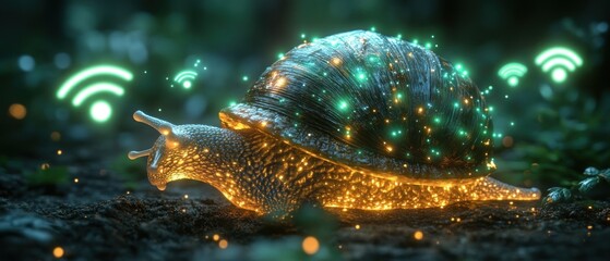 Sticker - A glowing snail with Wi-Fi signals, blending nature and technology in a whimsical scene.