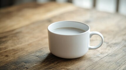 Wall Mural - minimalist white ceramic cup with coffee on rustic wooden table with natural light and soft focus ba