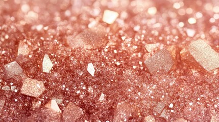 Wall Mural - close-up of sparkling rose gold glitter texture with various particle sizes and shapes on a blurred 