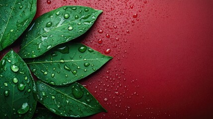 Poster - Green leaves with water droplets on a red background featuring ample copy space for text placement in a natural and fresh design.