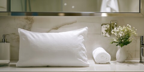 Sticker - Modern bathroom decor with white pillow and rolled towel on marble countertop featuring small flower vase and mirror reflection Copy Space