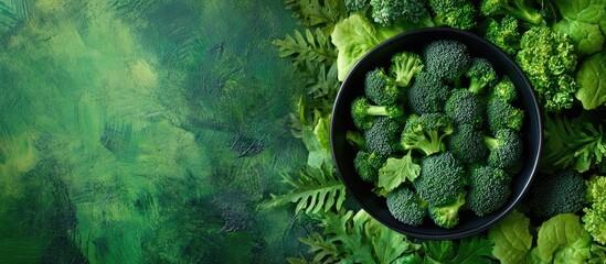 Wall Mural - Fresh green broccoli arranged in a bowl surrounded by leafy greens on a textured green background with ample copy space for text.