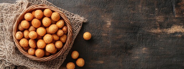 Canvas Print - Detail shot of a rustic bowl filled with golden brown round cookies on a wooden surface with copy space for text.