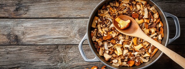 Sticker - Pan filled with sautÃ©ed mixed mushrooms served with a wooden spoon on a rustic wooden table Copy Space