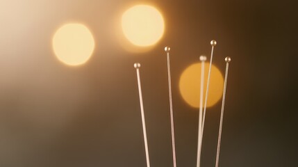 Wall Mural - Close-up of metallic pins with round heads against a blurred bokeh background featuring soft lights Copy Space