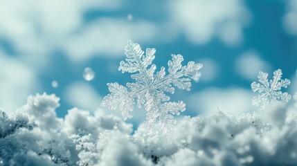 Wall Mural - close-up of delicate snowflakes on soft white snow with a blurred blue background and visible bokeh 