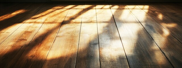 Wall Mural - wooden floor with sunlight shadows creating a pattern and textures copy space