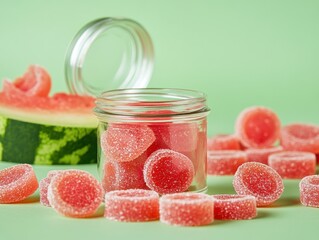 Colorful watermelon candy displayed with a jar full of sweet gummies and fresh slices on a green background