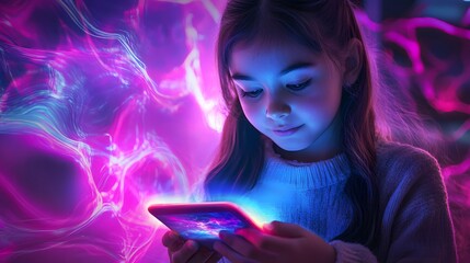 Young Girl Using Smartphone Neon Background