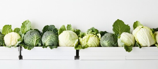 Wall Mural - Fresh green cabbages arranged neatly with leaves on a white background ideal for food presentations and healthy eating concepts Copy Space