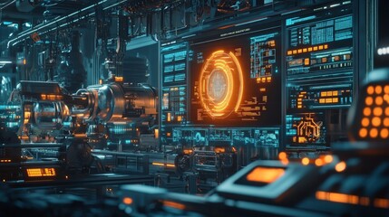 Wall Mural - futuristic control room with high-tech interfaces and neon lighting