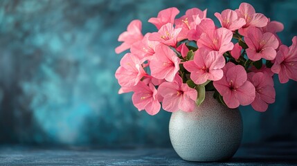 Poster - Pink flowers in a delicate vase on a textured blue background with copy space for text or advertising purposes.