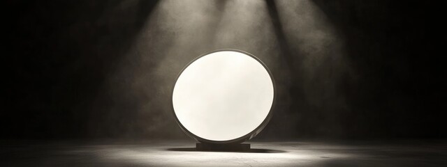 Wall Mural - minimalistic circular white object on a stand illuminated by dramatic lighting in a dark environment