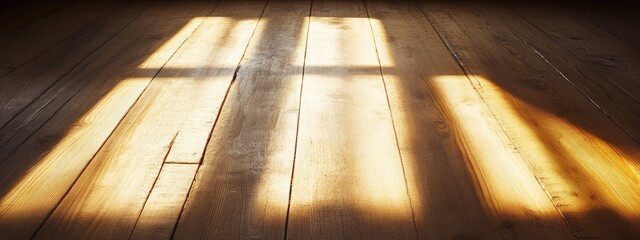 Wall Mural - wooden floor illuminated by soft sunlight with shadows of window panes creating an abstract pattern 