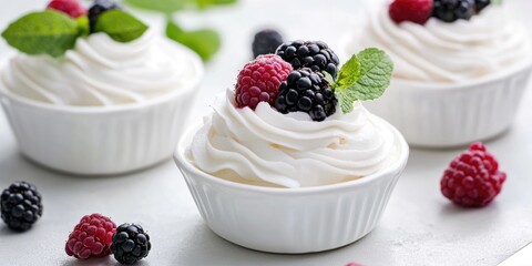 Canvas Print - Fresh whipped cream dessert with blackberries and raspberries in white bowls garnished with mint leaves on a light background Copy Space