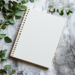 Leinwandbilder - Blank spiral notebook positioned on rustic wooden table with green foliage for creative ideas and inspiration. Generative AI