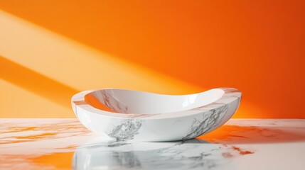 Wall Mural - marble bowl on a reflective surface with orange background and diagonal light shadows copy space