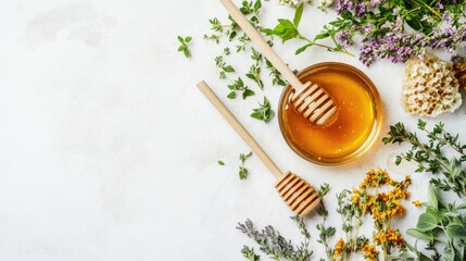 Wall Mural - Honey and assorted herbs with wooden drizzlers on a light background ideal for wellness or culinary themed designs Copy Space