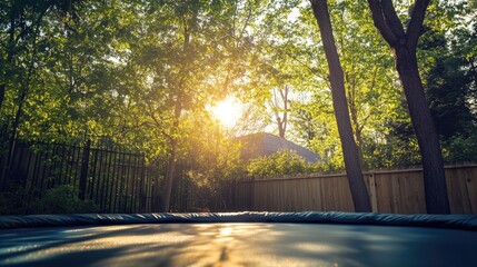 Wall Mural - tranquil backyard scene featuring a trampoline under sunlight filtering through lush trees with a wo