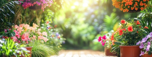 Poster - Vibrant floral pathway with lush greenery and blooming flowers in pots under soft sunlight Copy Space