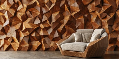 Sticker - Modern wooden sofa in front of a textured wood wall with geometric patterns and copy space for design applications