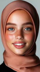 Wall Mural - Young woman with glowing skin and a warm smile wearing a soft pink hijab against a neutral background