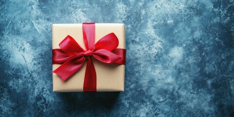 Wall Mural - Brown gift box with red ribbon on blue textured background with copy space for text