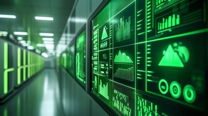 Wall Mural - futuristic data center with green data visualizations and screens