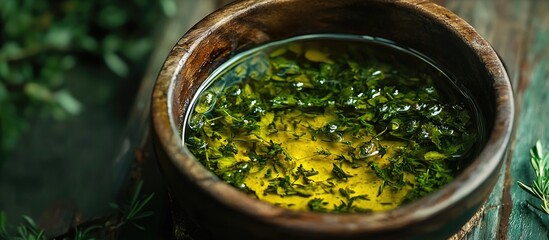 Wall Mural - Herb infused olive oil in a wooden bowl with greenery in the background ideal for culinary or health related advertisements Copy Space