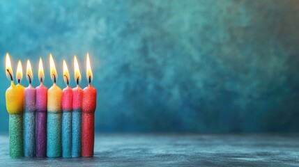 Wall Mural - colorful lit candles arranged in a row with a soft blue background and ample copy space for text pla