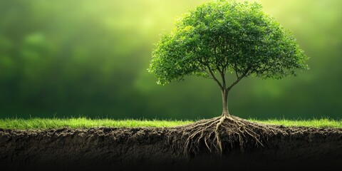 Canvas Print - Green tree with strong roots in soil against blurred green background with copy space for text.