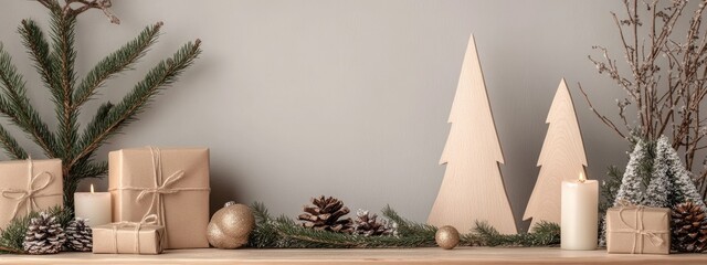 Canvas Print - Wooden Christmas trees with wrapped gifts and decorative elements on a neutral background with copy space.