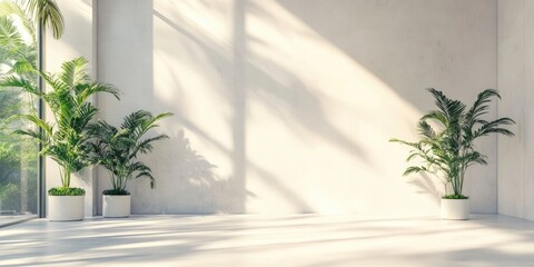 Poster - Modern interior space with large windows, potted plants, and natural light creating shadow patterns on the wall and floor, Copy Space available.