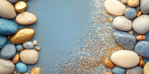 Sticker - Bluish pebbles and golden sand with shiny glitter creating a textured background with copy space for text placement