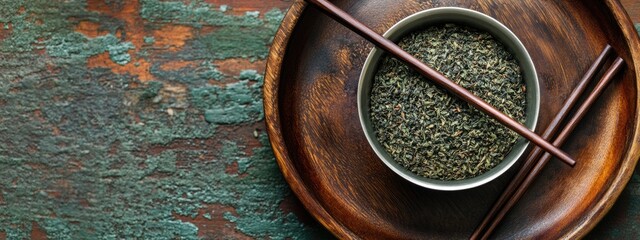 Wall Mural - Bowl of dried green tea leaves on a wooden surface with chopsticks and copy space for text