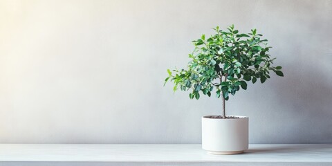 Sticker - Indoor potted plant with vibrant green leaves placed on a minimalist white shelf against a soft gray wall Copy Space