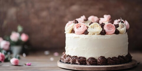 Canvas Print - Cake decorated with pink and white rose icing on a wooden table with blurred floral background Copy Space