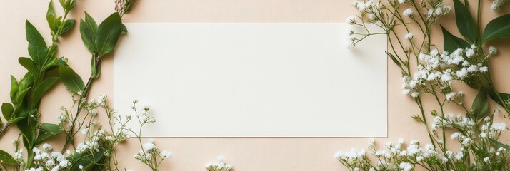 Poster - Empty mock up space surrounded by greenery and delicate flowers for creative design projects. Generative AI