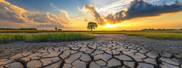 Sticker - Cracked dry earth landscape at sunset with tree silhouette and clouds Copy Space