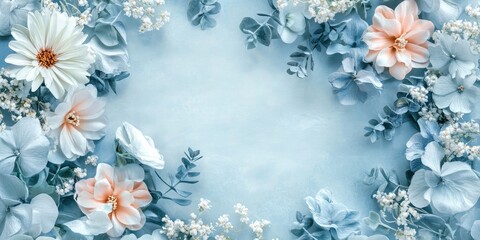 Wall Mural - Floral arrangement with light blue background and various pastel flowers including daisies and hydrangeas with copy space for text