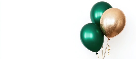 Three glossy green and gold balloons on a white background with Copy Space for text or graphics