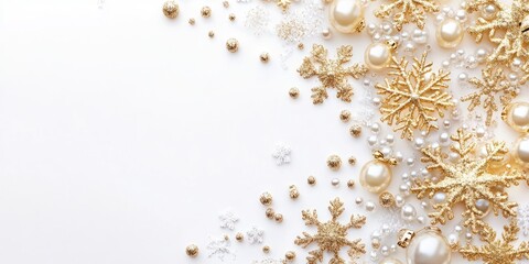 Canvas Print - Golden snowflakes and pearls on a white background with copy space for holiday decorations and seasonal themes.