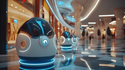 Wall Mural - robotics engineers testing ai-powered customer service robots in a sleek, futuristic shopping mall.