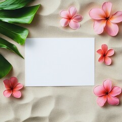 Aufkleber - Elegant tropical flat lay with flowers and blank space for text on sand background. Generative AI