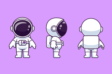 Wall Mural - Cute Astronaut With Front, Side And Back View Cartoon Vector Icon 
Illustration. Science Technology Icon Concept Isolated Premium Vector. 
Flat Cartoon Style 