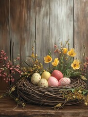 Wall Mural - Springtime Easter nest with eggs and flowers over a wood background