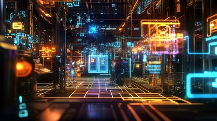 Wall Mural - futuristic digital cityscape with neon lights and data streams
